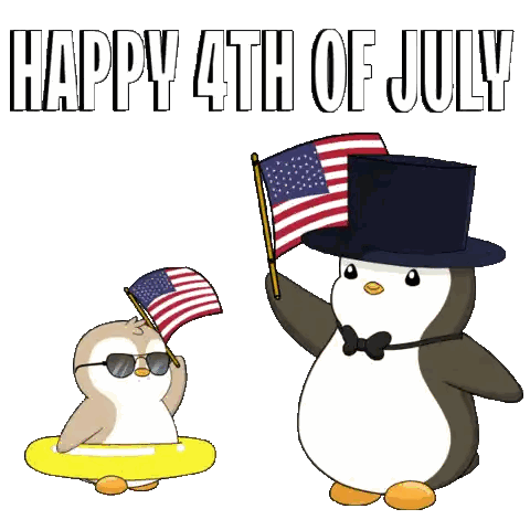 Penguin In Top Hat Holding American Flag Sticker