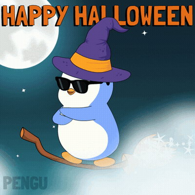 Penguin In Witch Hat And Sunglasses Flying On Broom Saying Happy Halloween GIF