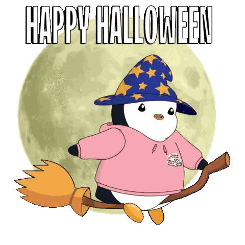 Penguin In Witch Hat Flying On Broom Sticker