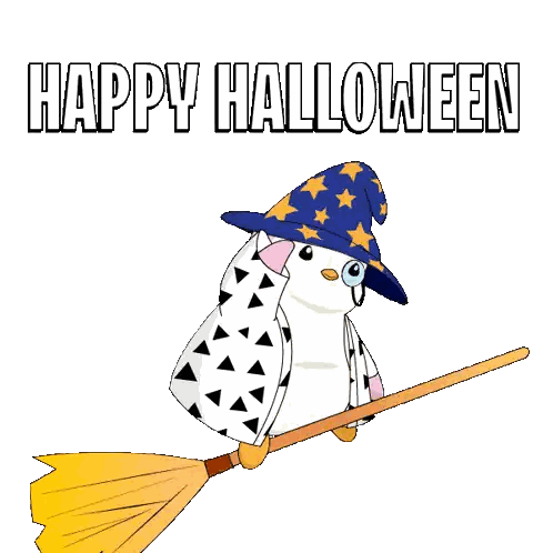 Penguin In Witch Hat Flying On Broom Sticker