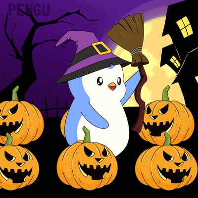 Penguin In Witch Hat Holding Broom And Pumpkins GIF