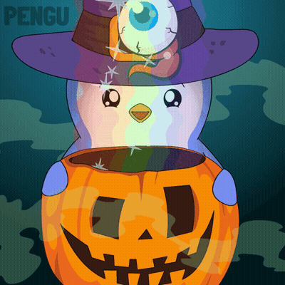 Penguin In Witch Hat Holding Pumpkin With Eye GIF