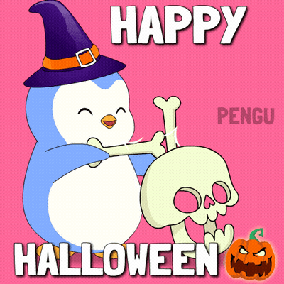 Penguin In Witch Hat Holding Skull Happy Halloween GIF