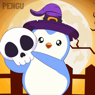 Penguin In Witch Hat Holding Skull Saying Pengu GIF
