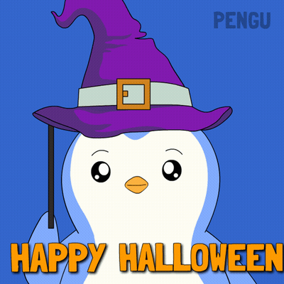 Penguin in Witch Hat Holding Wand Saying Happy Halloween