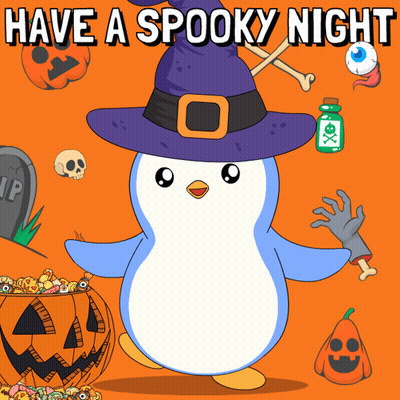 Penguin In Witch Hat Next To Pumpkin With Candy GIF