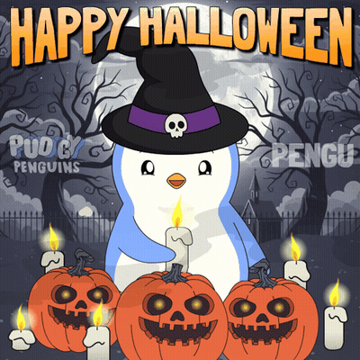 Penguin In Witch Hat With Pumpkins And Candles Happy Halloween GIF