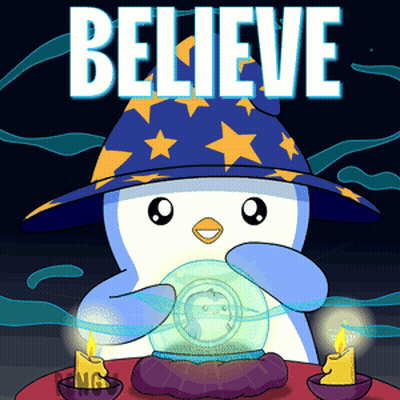 Penguin In Wizard Hat Holding Crystal Ball With Believe Sign GIF