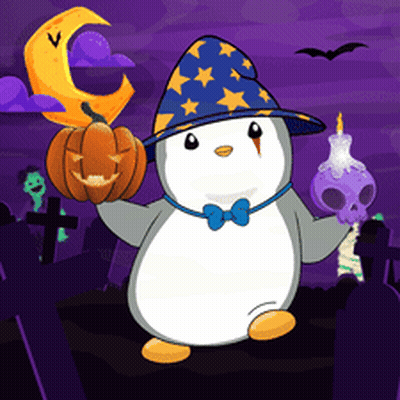 Penguin In Wizard Hat Holding Pumpkin And Candle GIF
