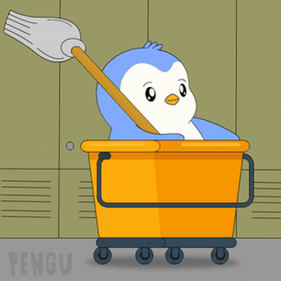 Penguin in Yellow Bucket With Mop