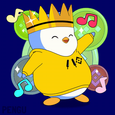 Penguin In Yellow Hoodie And Gold Crown With Music Notes GIF