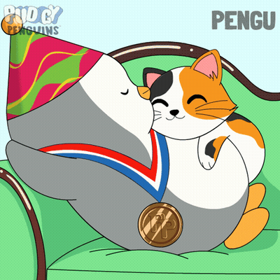Penguin Kissing Cat Wearing Medal And Party Hat GIF