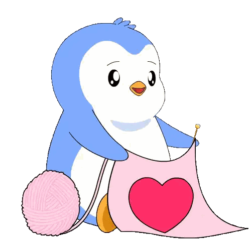 Penguin Knitting Pink Blanket With Heart Sticker