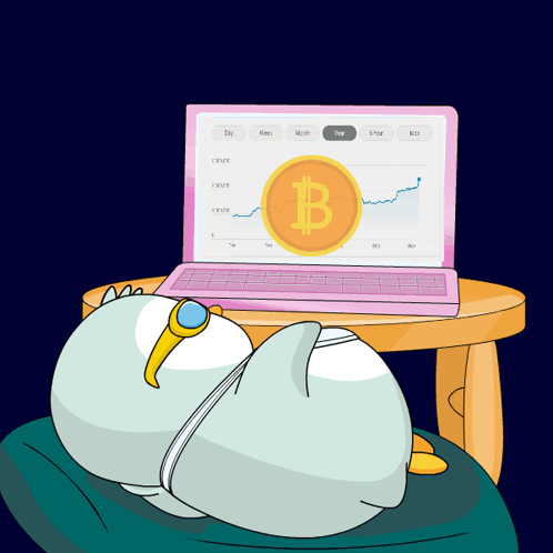 Penguin Laying In Front Of Laptop With Gold Coin Letter B GIF