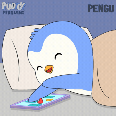 Penguin Laying On Bed Using Cell Phone With Word Pengu GIF