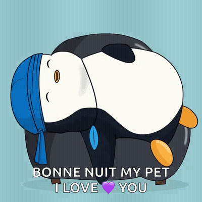 Penguin Laying On Couch Saying Bonne Nuit My Pet I Love You GIF