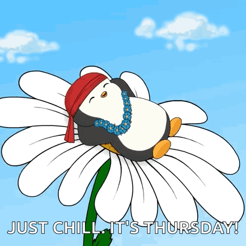 Penguin Laying On Flower With Just Chill It's Thursday GIF