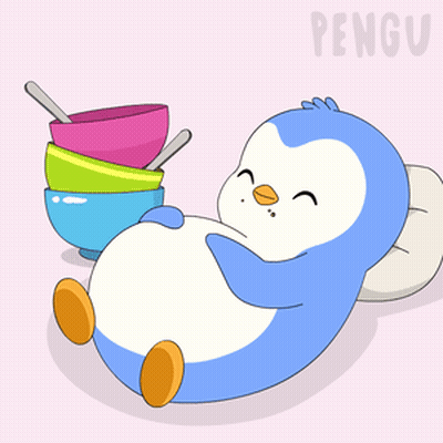 Penguin Laying On Pillow Next To Bowls Saying Pengu GIF