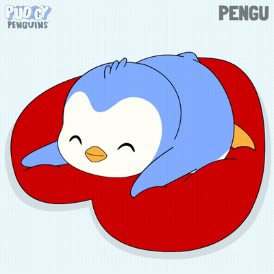 Penguin Laying On Red Pillow With Puddy Penguins GIF