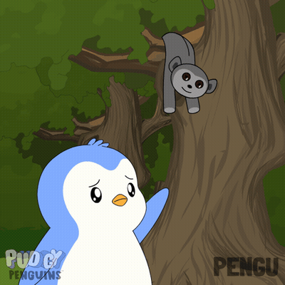 Penguin Looking At Lemur Hanging From Tree With Word Pengu GIF