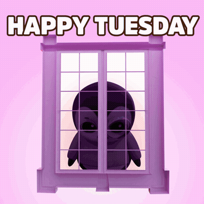 Penguin Looking Out Purple Window Happy Tuesday GIF
