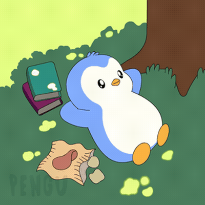 Penguin Lying In Grass With Books And Potato Chips GIF