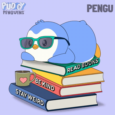 Penguin Lying On Books With Coffee GIF