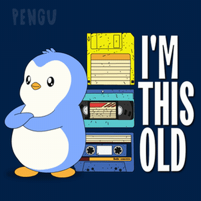 Penguin Next To Stack Of Cassette Tapes Saying I'm This Old GIF