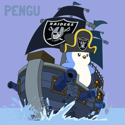 Penguin On Boat With Raiders Flag GIF