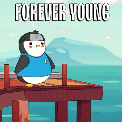 Penguin On Dock Saying Forever Young GIF