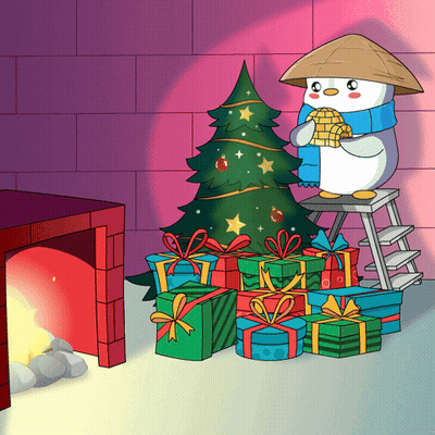 Penguin On Ladder Next To Gifts And Christmas Tree GIF