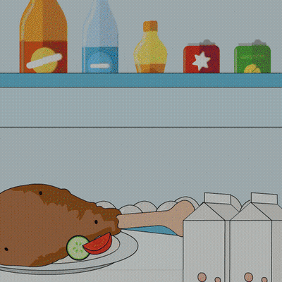 Penguin Peeking Into Fridge With Eggs And Food GIF