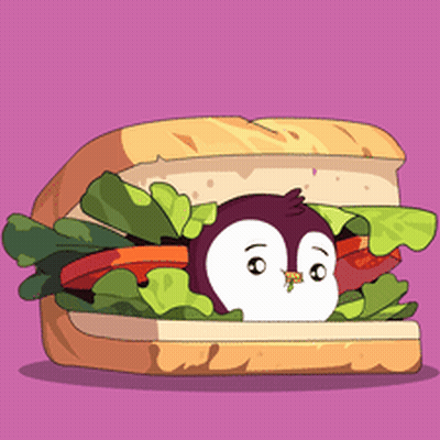 Penguin Peeking Out Of Sandwich With Lettuce Tomatoes And Cheese GIF