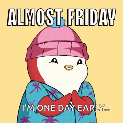Penguin Pink Hat Blue Sweater Saying Almost Friday GIF