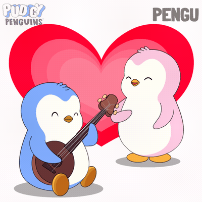 Penguin Playing Guitar Next To Another With Word Pengu GIF