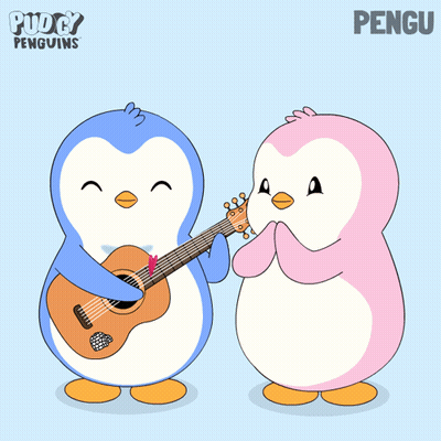 Penguin Playing Guitar Next To Penguin With Hearts GIF