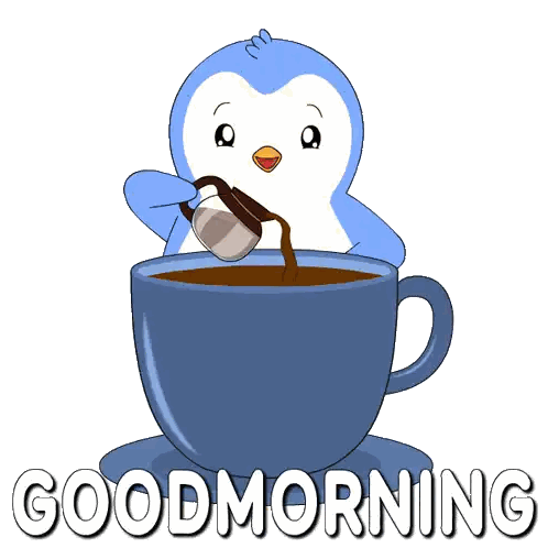 Penguin Pouring Coffee Into Blue Cup Sticker