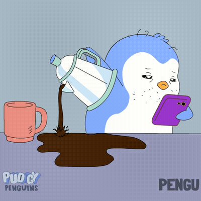 Penguin Pouring Coffee While Looking at Cell Phone