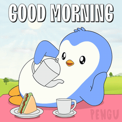 Penguin Pouring Tea Next To Sandwich And Coffee GIF