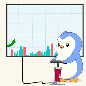 Penguin Pumping Up Graph With Arrow Going Up GIF