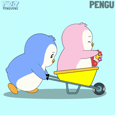 Penguin Pushing Another Penguin In Wheelbarrow With Word Pengu GIF
