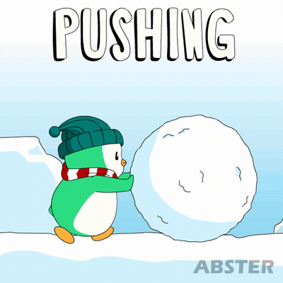 Penguin Pushing Large Snowball GIF