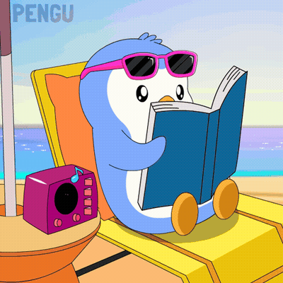 Penguin Reading Book Beside Purple Box Saying Pengu GIF