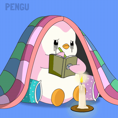 Penguin Reading Book Under Blanket With Word Pengu GIF