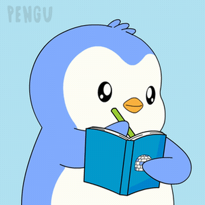 Penguin Reading Book With Pencil In Mouth GIF