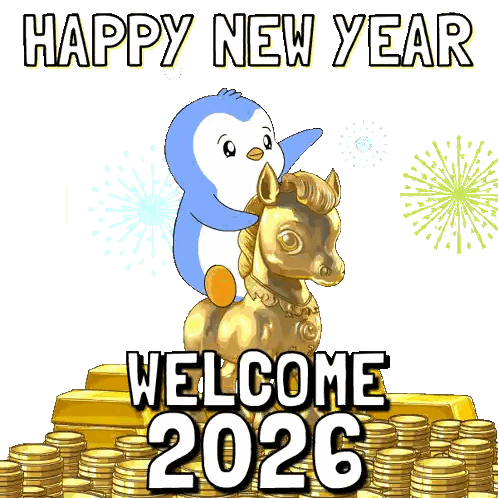 Penguin Riding Gold Horse Happy New Year 2026 Sticker