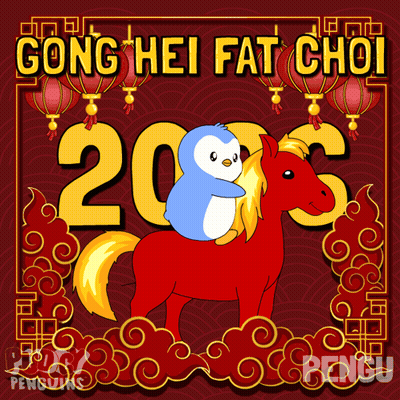 Penguin Riding Red Horse Gong Hei Fat Cho GIF