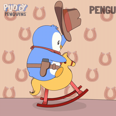 Penguin Riding Rocking Horse With Cowboy Hat and Gun