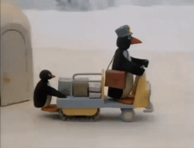 Penguin Riding Scooter With Bag GIF