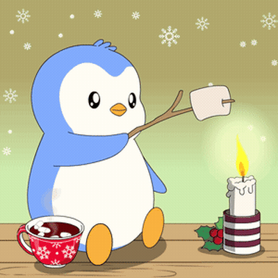 Penguin Roasting Marshmallow Next To Candle And Hot Chocolate GIF